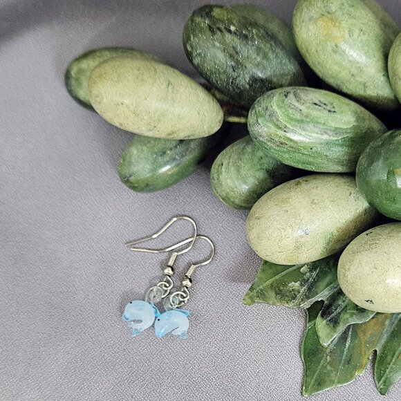 Tiny Blue, Handblown Glass Dolphin Earrings Silver Plate, Coil Ear Wires 1 1/4" - Picture 6 of 7